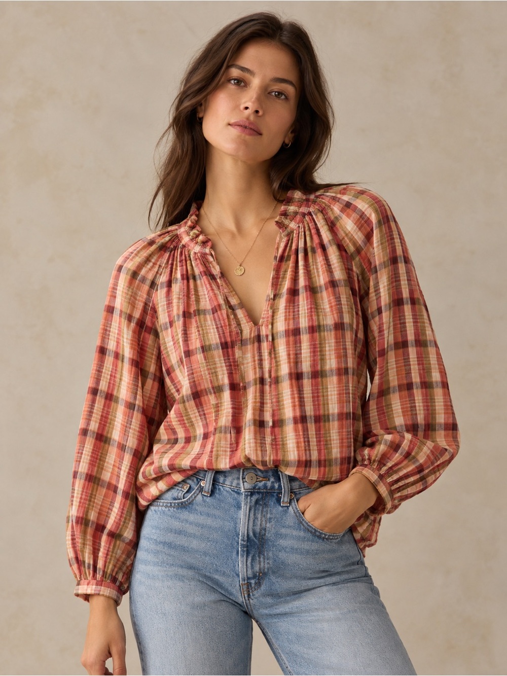 Faherty Plaid Ruffle Neck Tie Peasant Blouse Long Sleeve Boho Top
